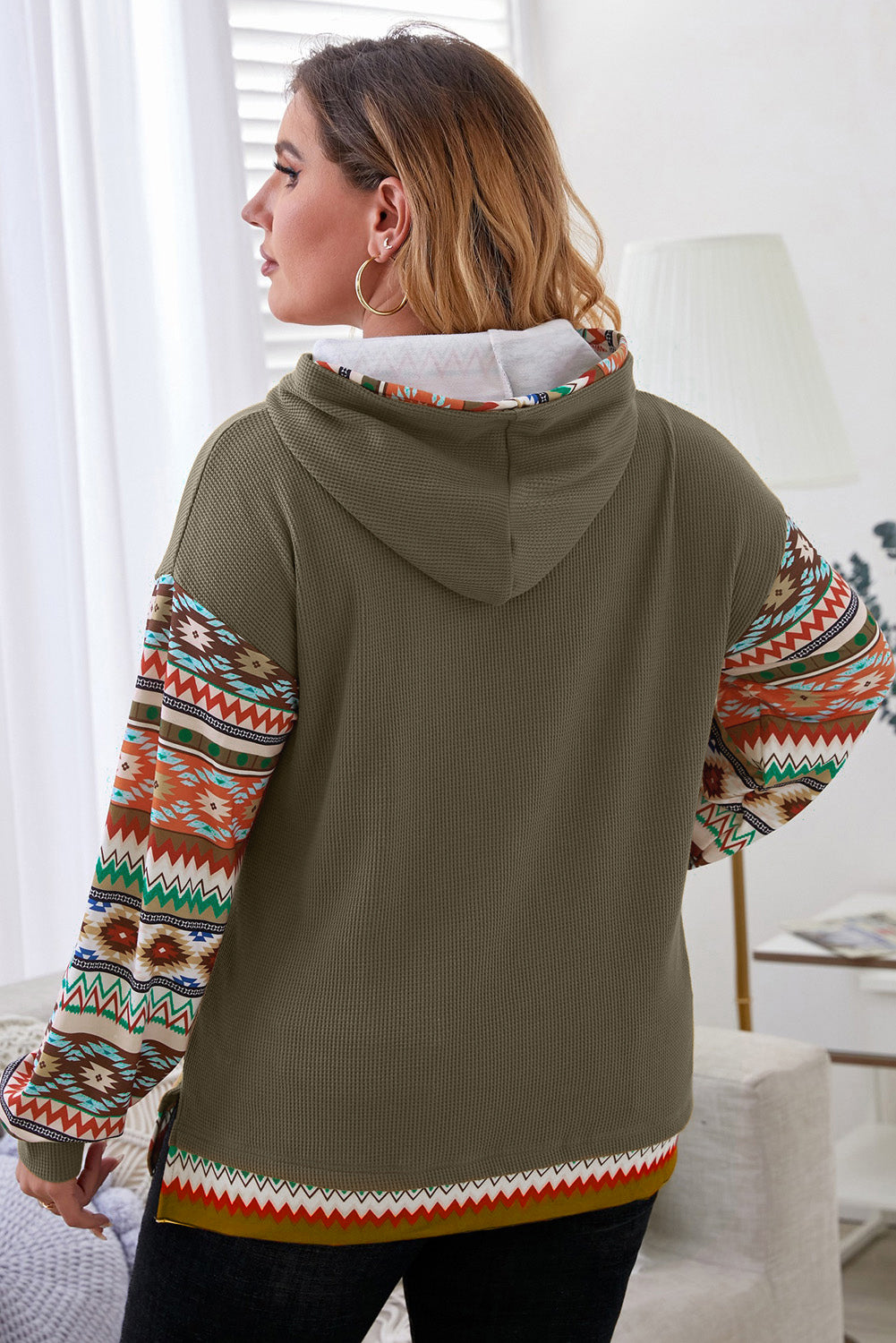 Plus Size Waffle-Knit Aztec Dropped Shoulder Hoodie