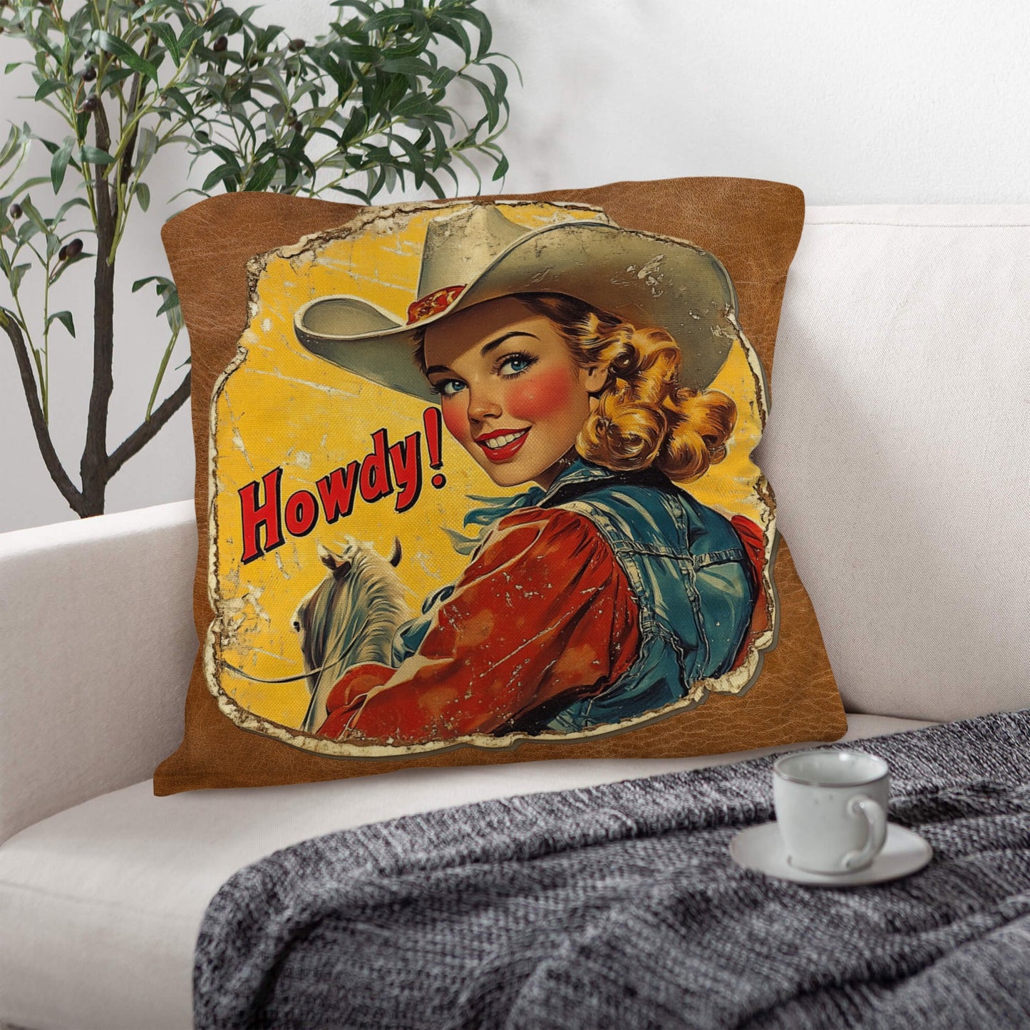 Vintage Cowgirl Howdy Throw Pillow 18 x 18 Made in America