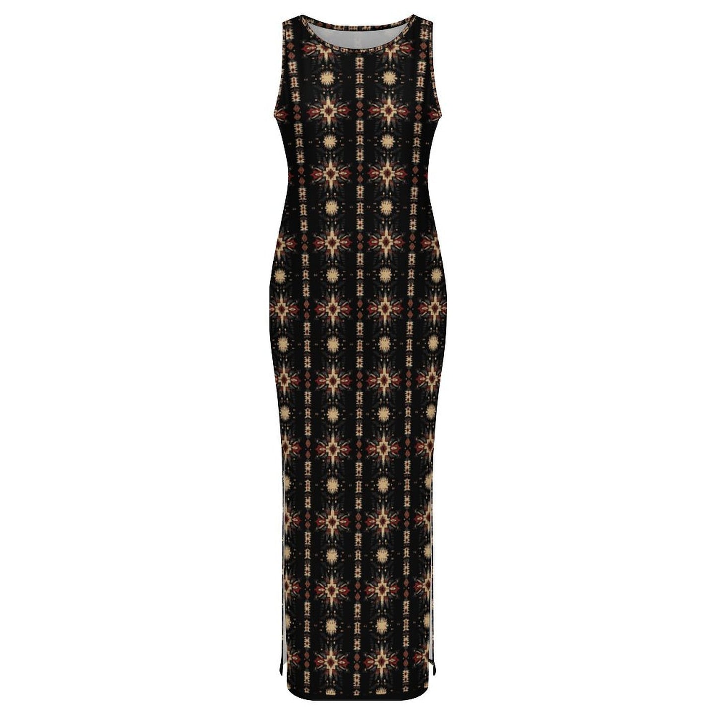 Black and Tan Aztec Sleeveless Bodycon Side Slit Maxi Dress