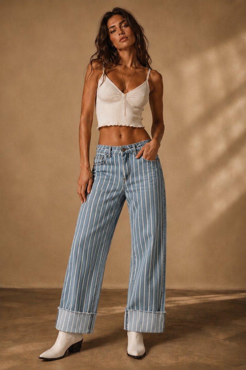 GJG The Riviera Stripe Cuffed Jean - Light Wash