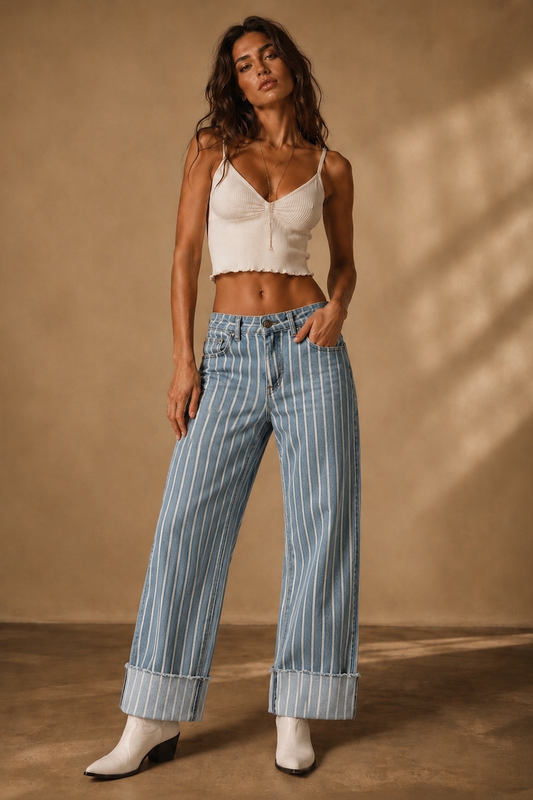 GJG The Riviera Stripe Cuffed Jean - Light Wash