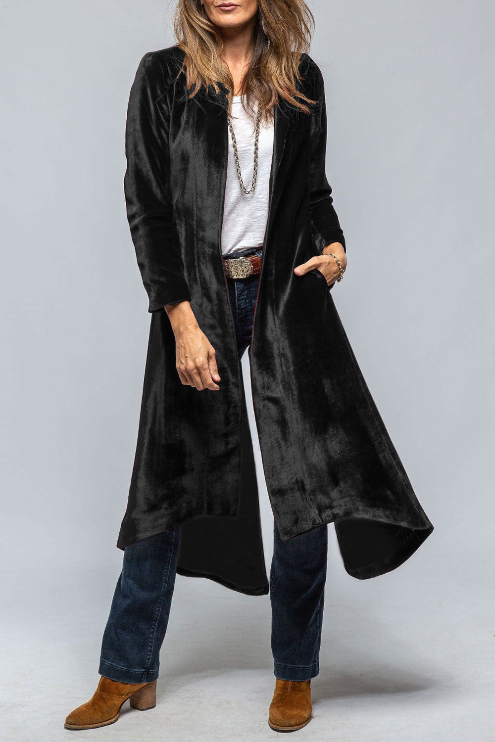 Velvet Slit Back Open Front Cardigan Duster