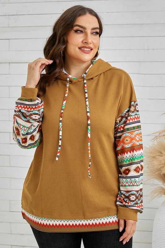 Plus Size Waffle-Knit Aztec Dropped Shoulder Hoodie