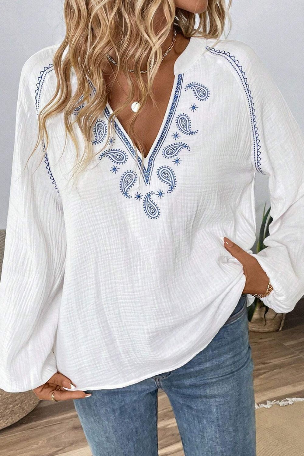 Embroidered V neck Long Sleeve Blouse