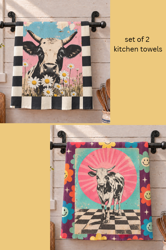 Baha Ranch Checkered Cows set of 2 Kitchen Towels Made in America