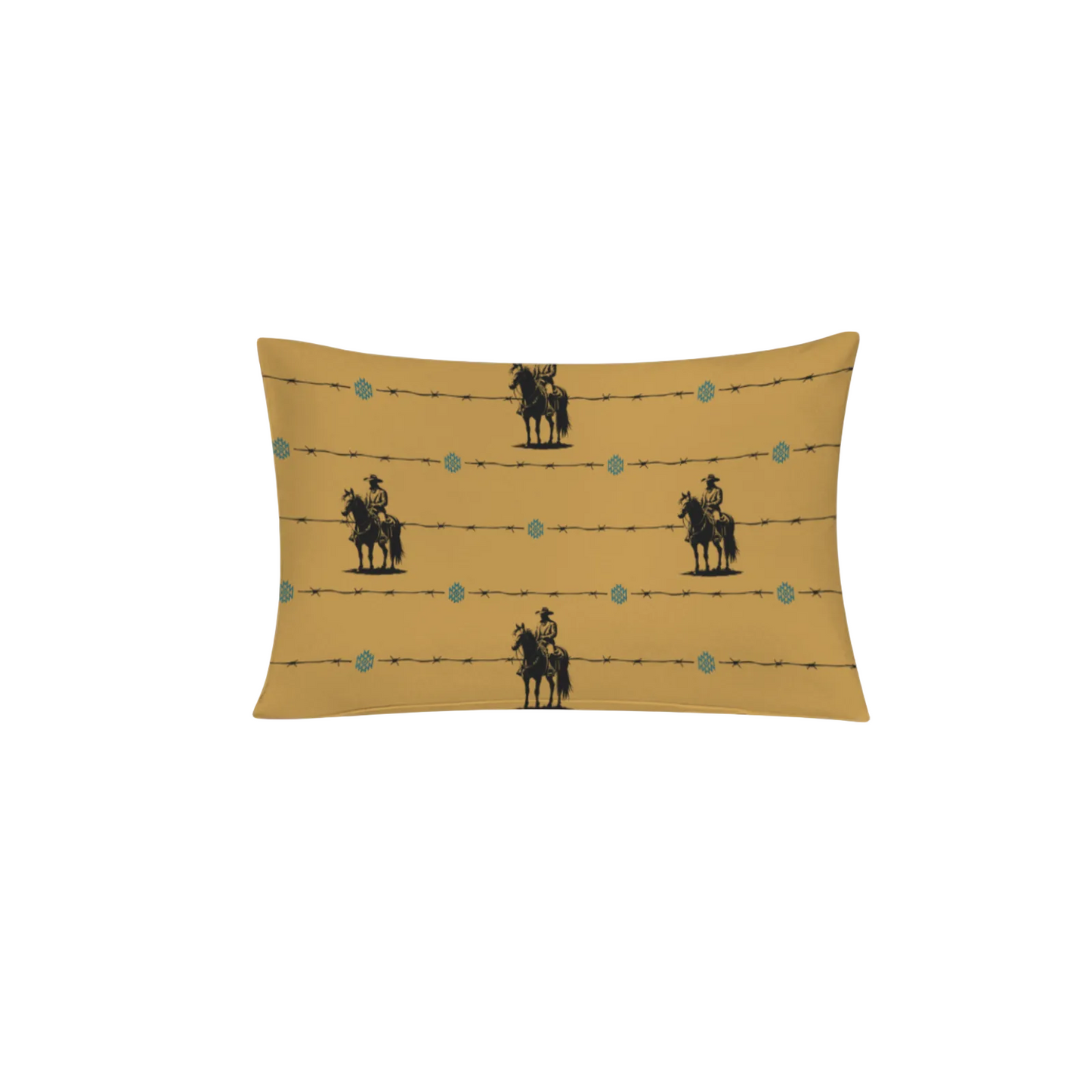 Decorative pillow with horse and rider pattern on a mustard background