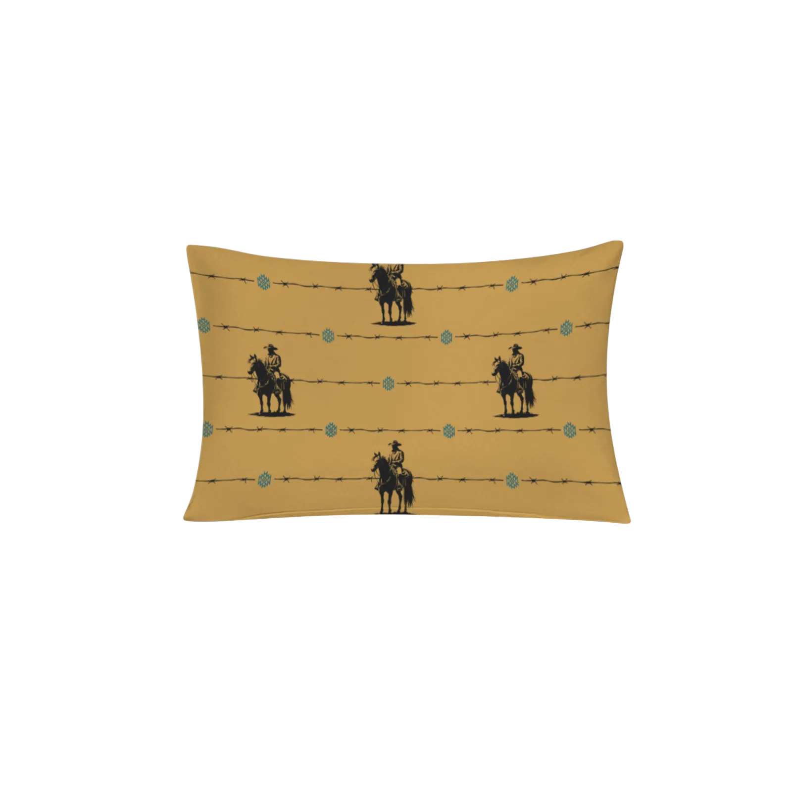 Decorative pillow with horse and rider pattern on a mustard background