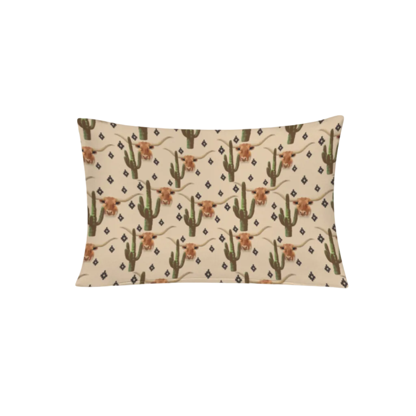 Decorative pillow with cactus and longhorn pattern on a beige background