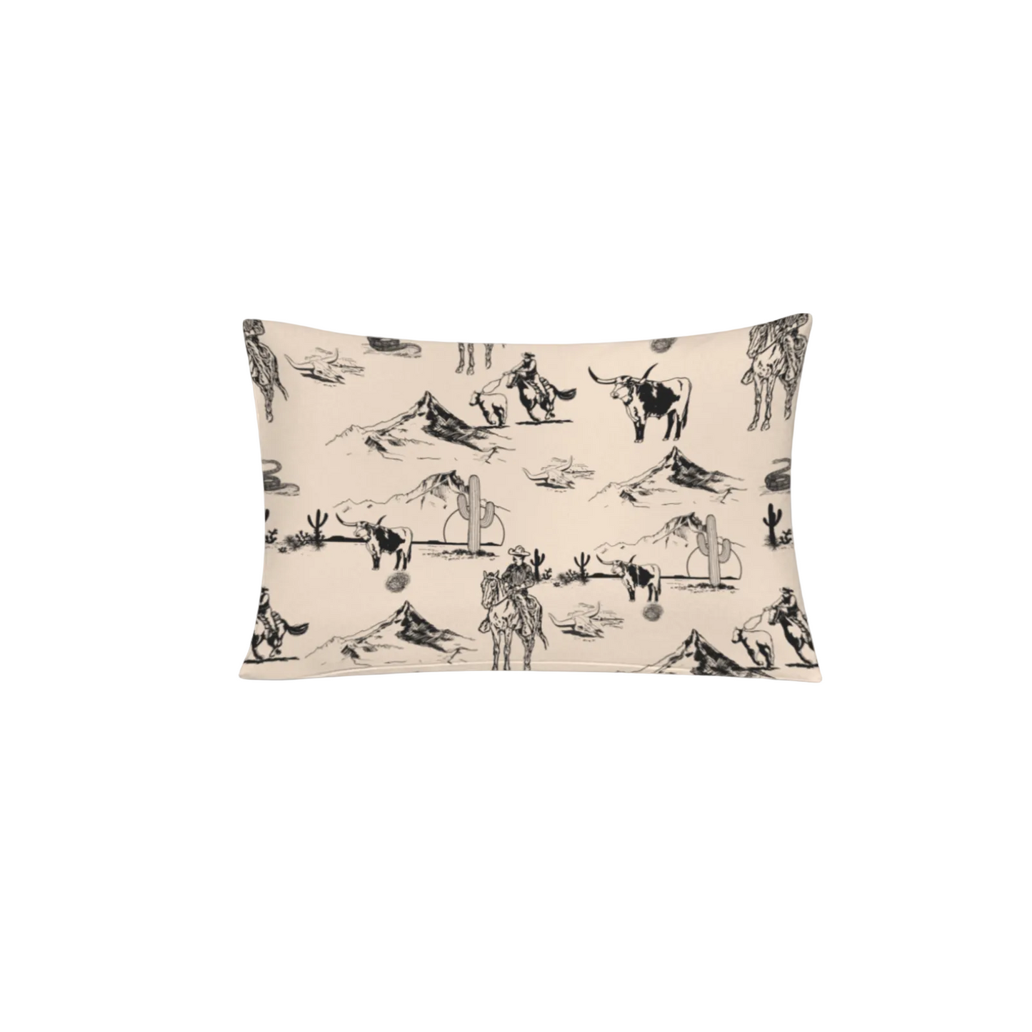 Pillow with cowboy and horse pattern on a beige background