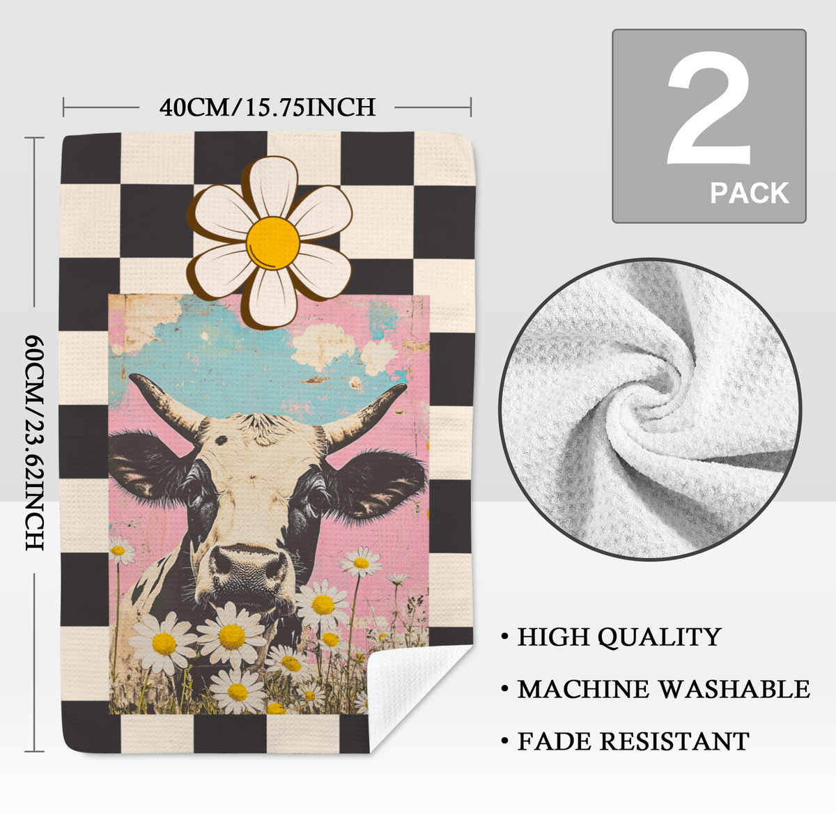 Baha Ranch Checkered Cow Set of 2 (same) Kitchen Towels Made in America