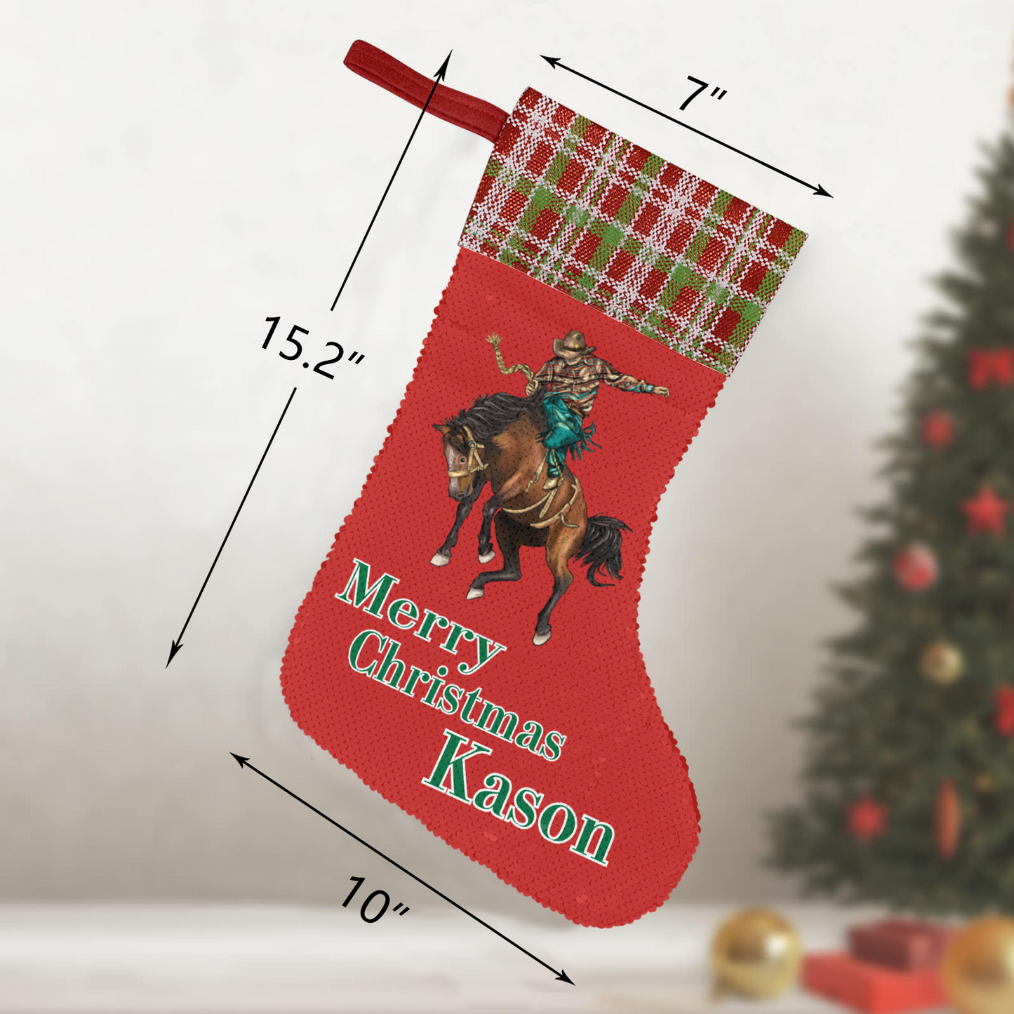 Personalized Cowboy Santa Christmas Sequin Stocking