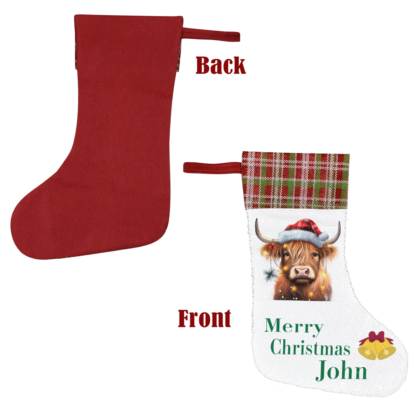 Personalized Highland Cow Christmas Sequin Stocking