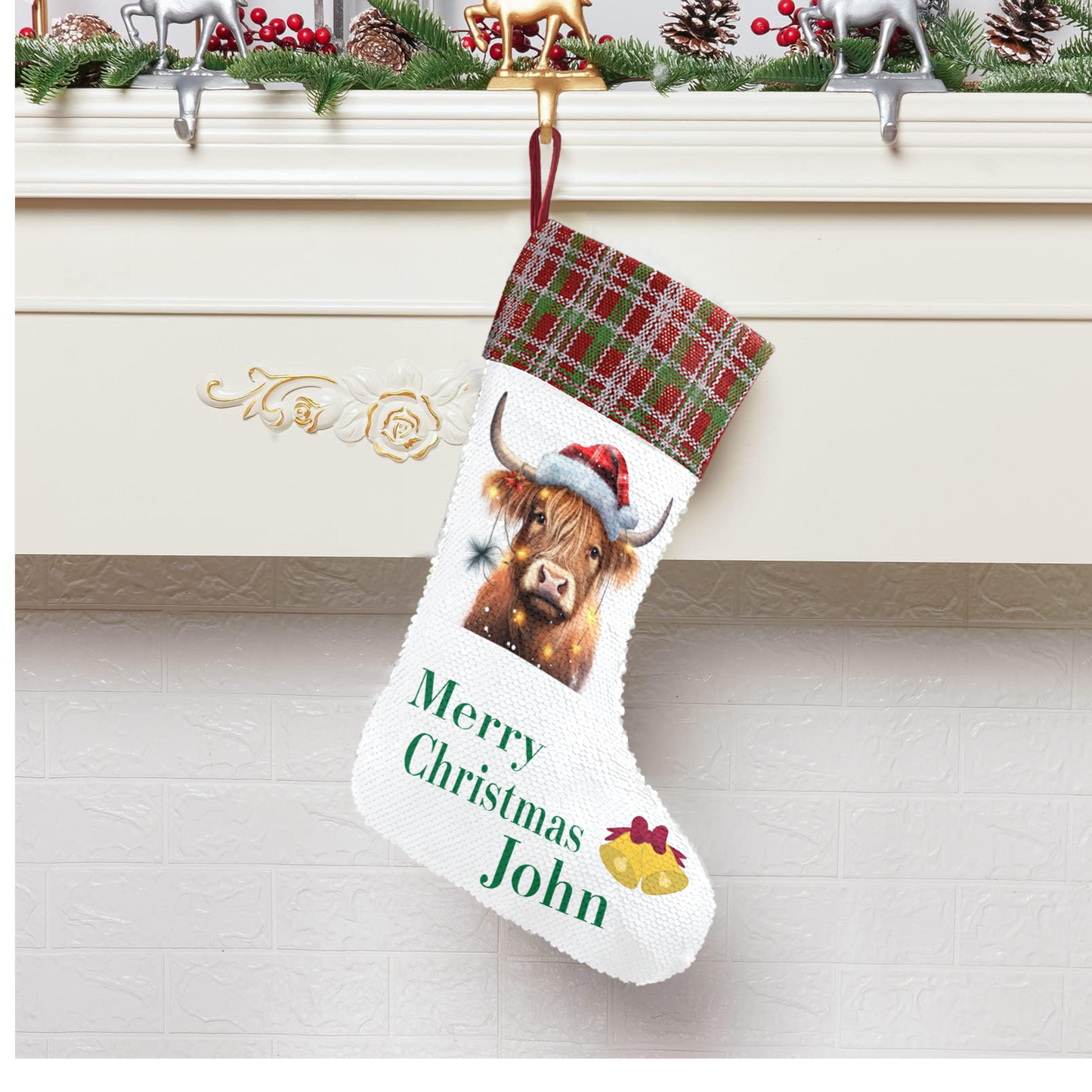 Personalized Highland Cow Christmas Sequin Stocking