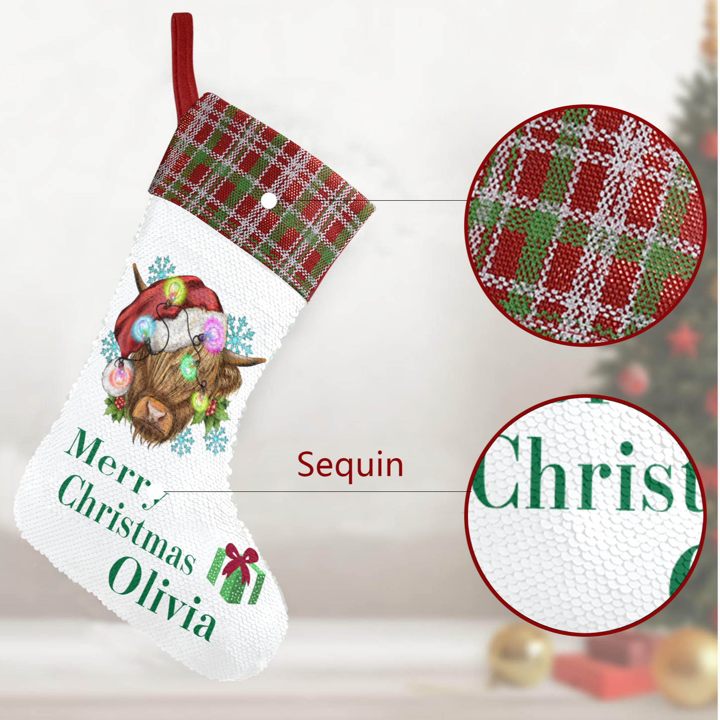 Personalized Highland Cow Christmas Sequin Stocking