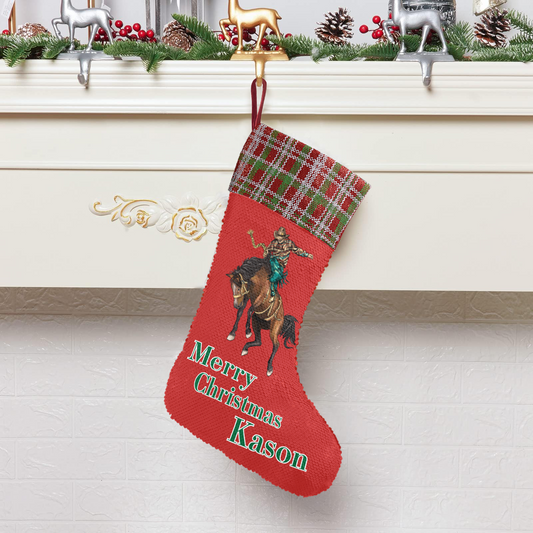 Personalized Cowboy Santa Christmas Sequin Stocking