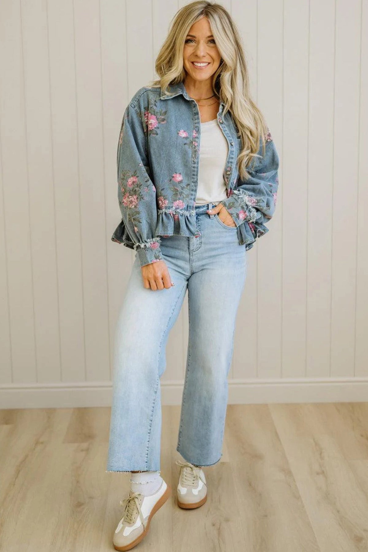 Floral Denim Raw Seam Ruffle Hem Jacket