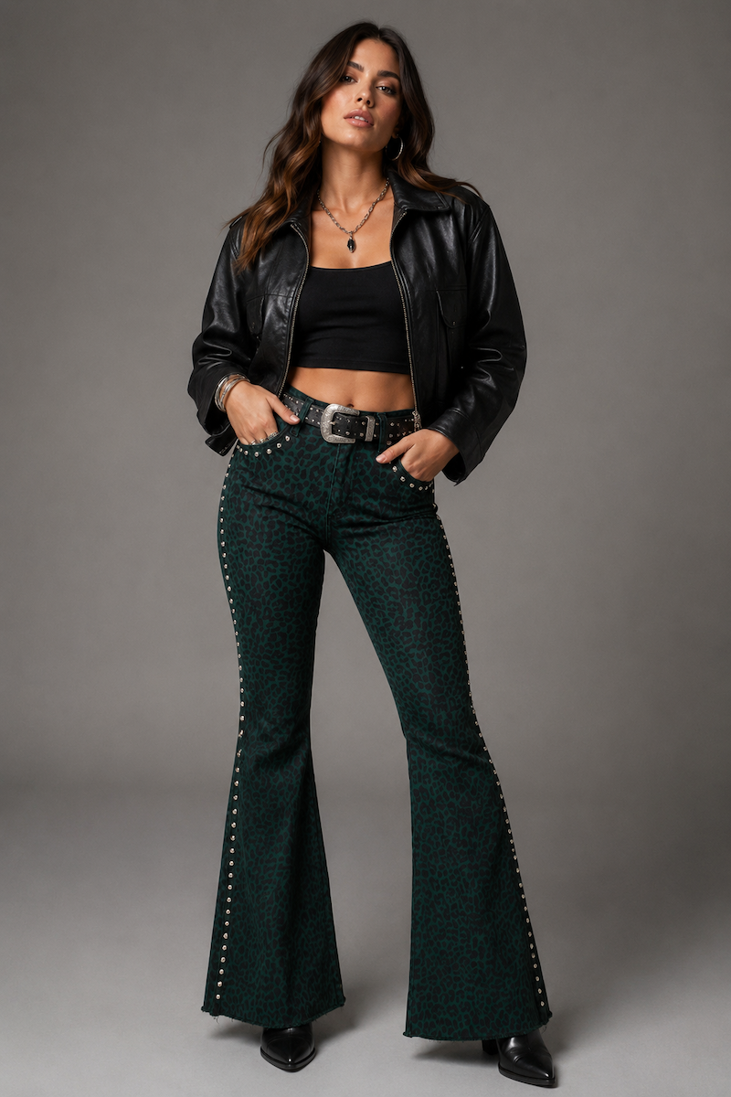 GJG Studded Bell Bottom Jean in Leopard Green
