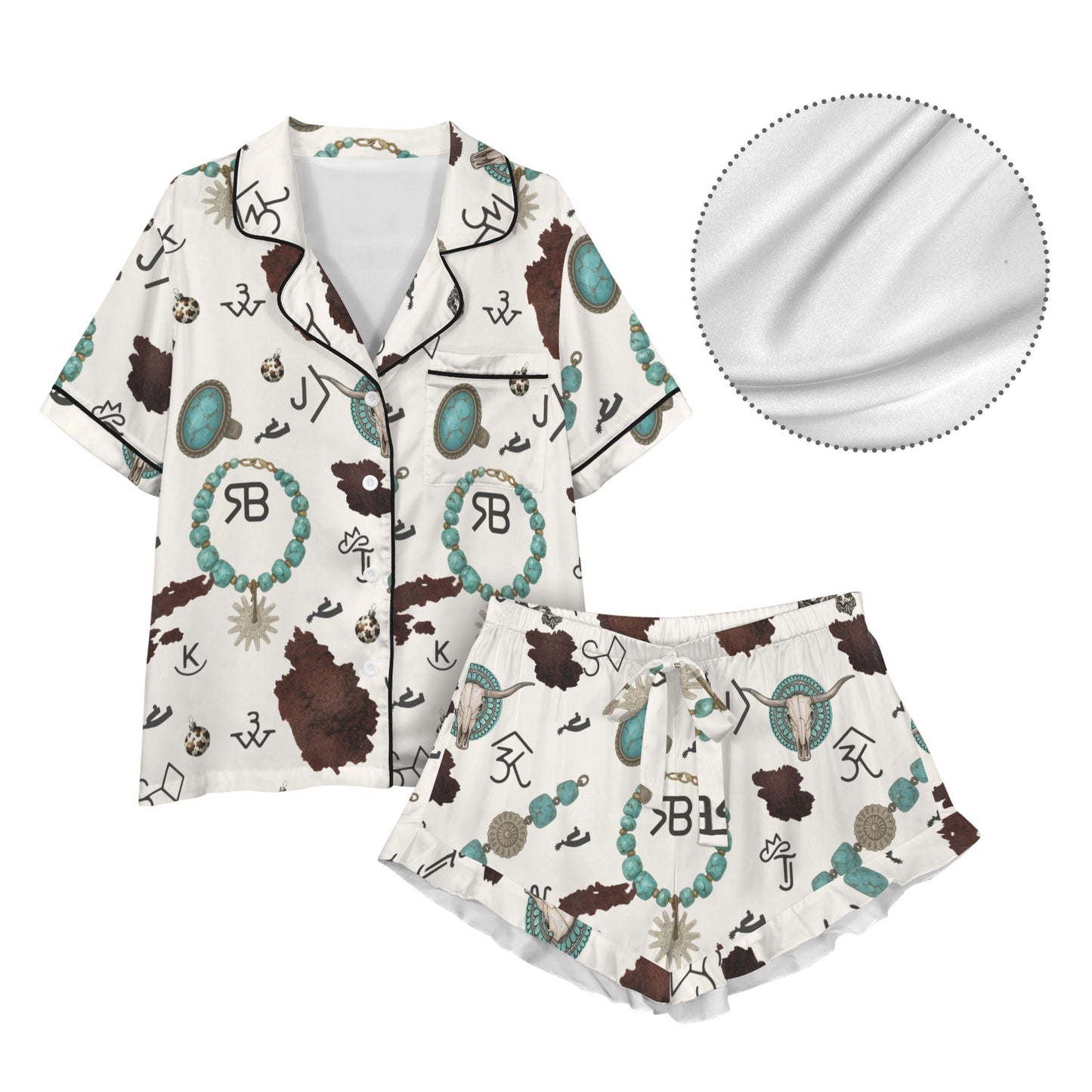 Brands and Turquoise Western Satin Pajamas  Short Pajama Set