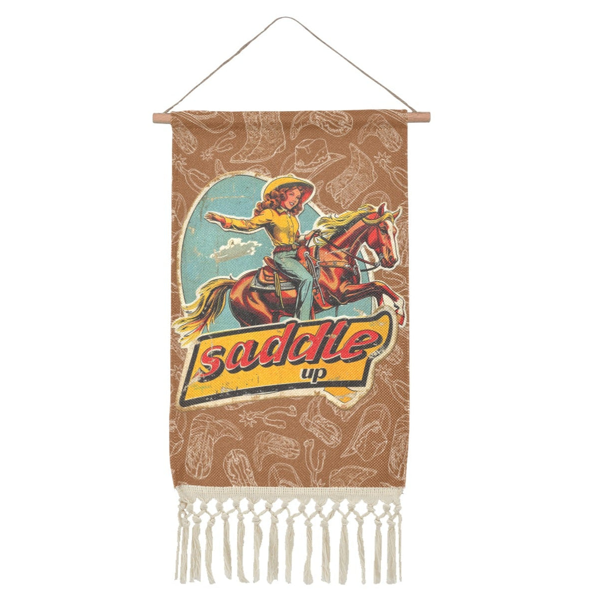 Saddle Up Western Wall Decor Linen Hanging Poster with Fringe Made in America