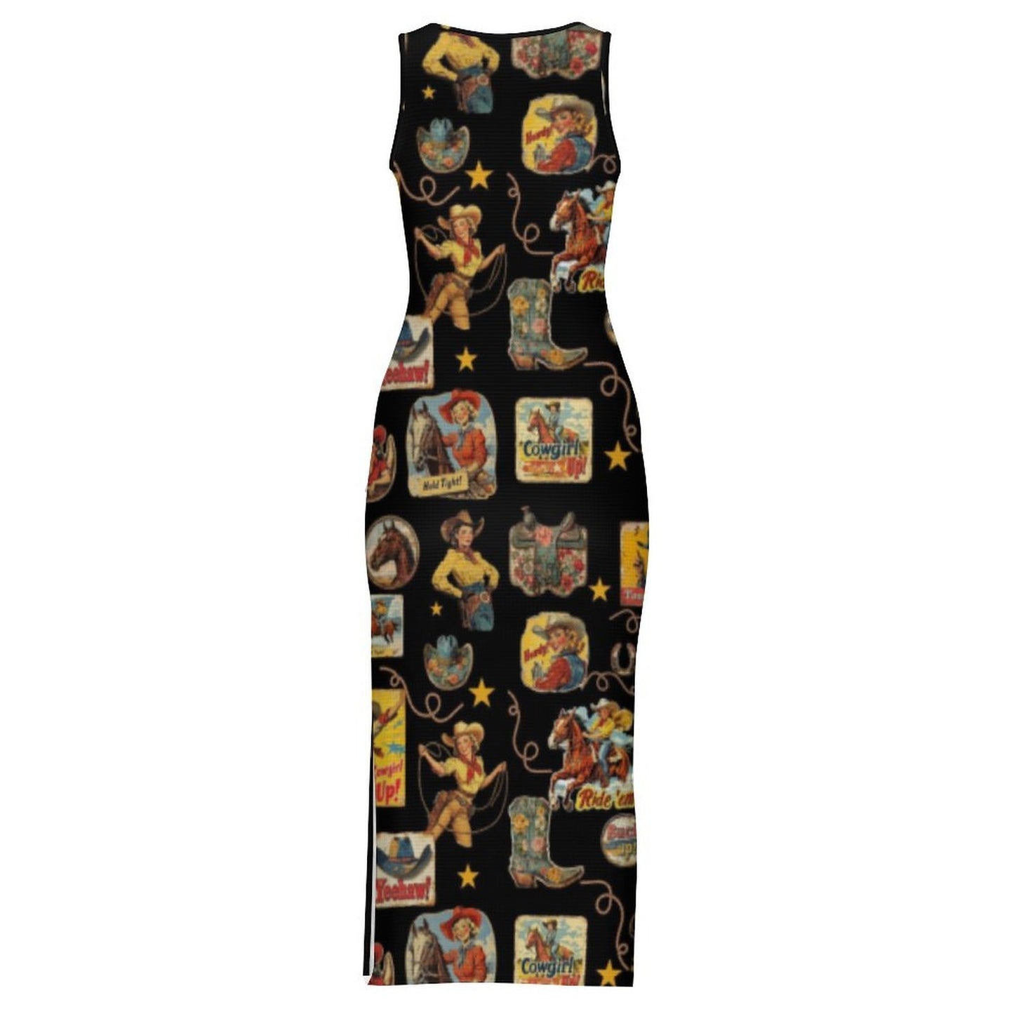 Baha Ranch Vintage Cowgirl Collage Sleeveless Bodycon Side Slit Long Dress