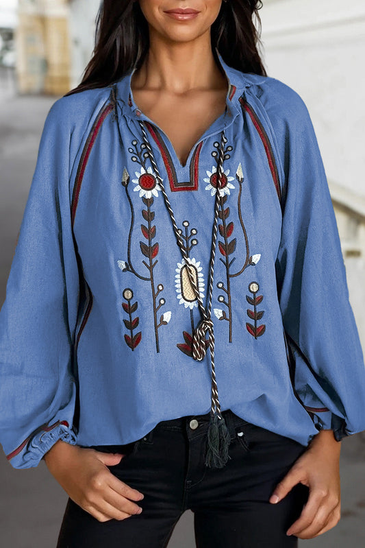 Floral Embroidered Tassel-Tie Puff Sleeve Blouse