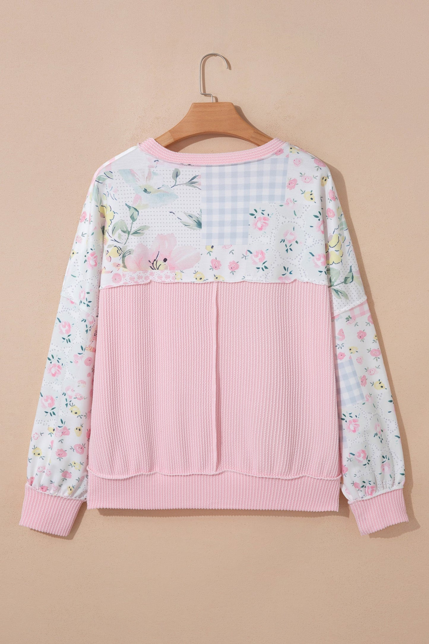 Floral Patchwork Corded Knit Long Sleeve Top