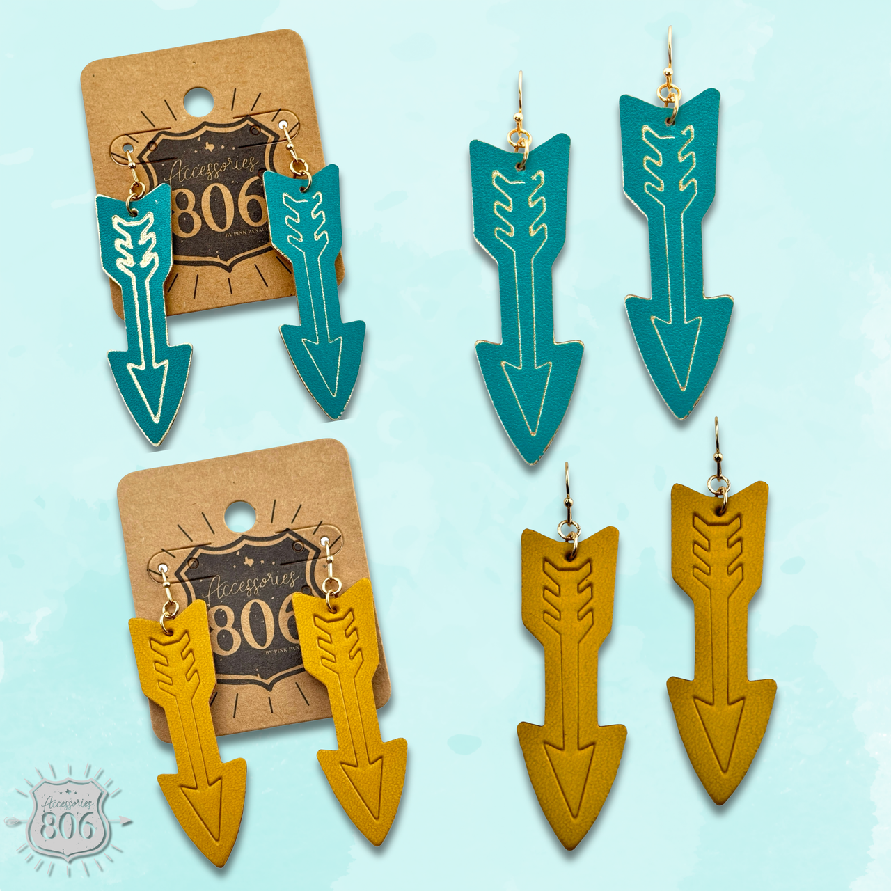 Pair of turquoise arrow-shaped earrings on a cardboard backing with '806' branding, displayed against a light blue background.