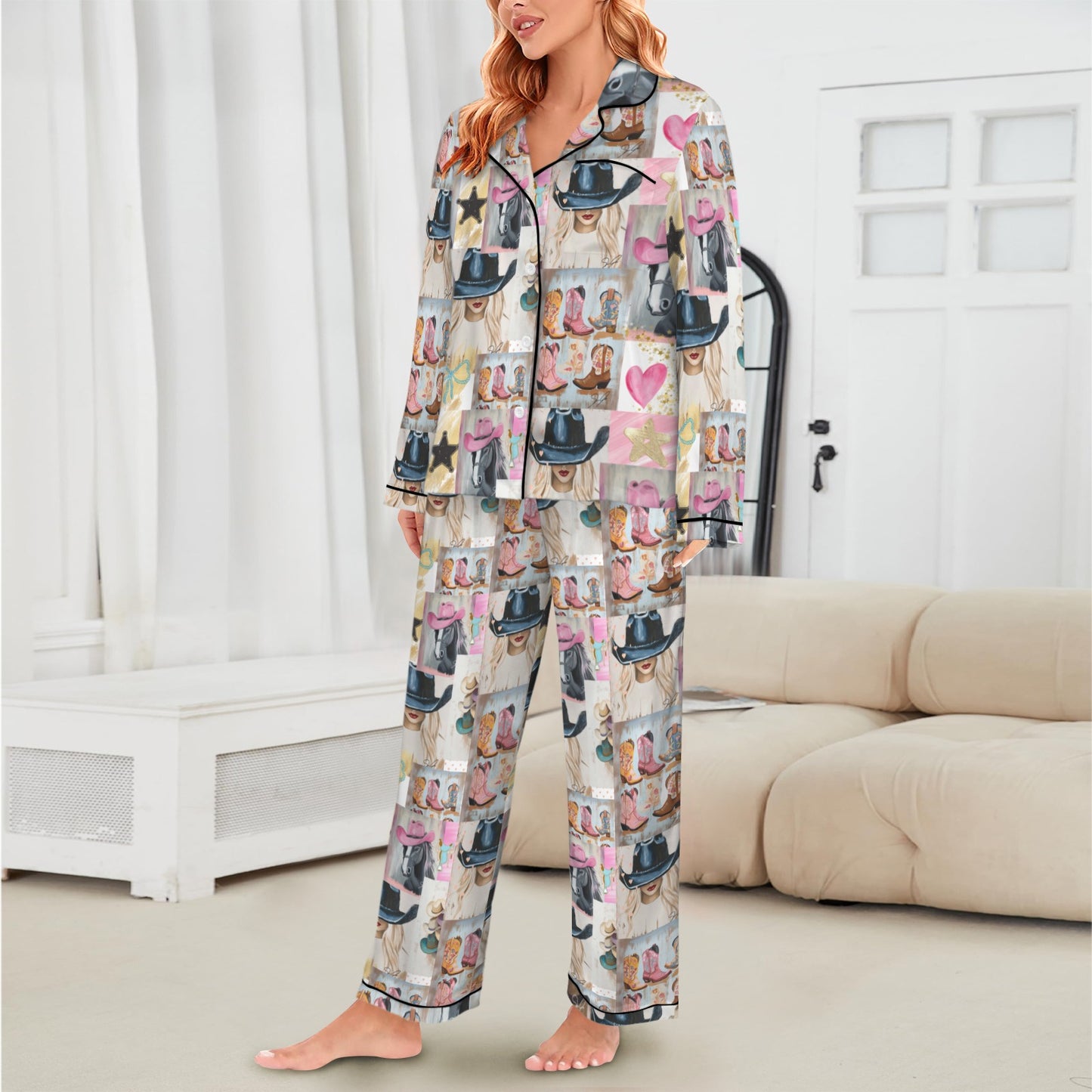 Danilo Painted Cowgirl Western Satin Long Pajama Set