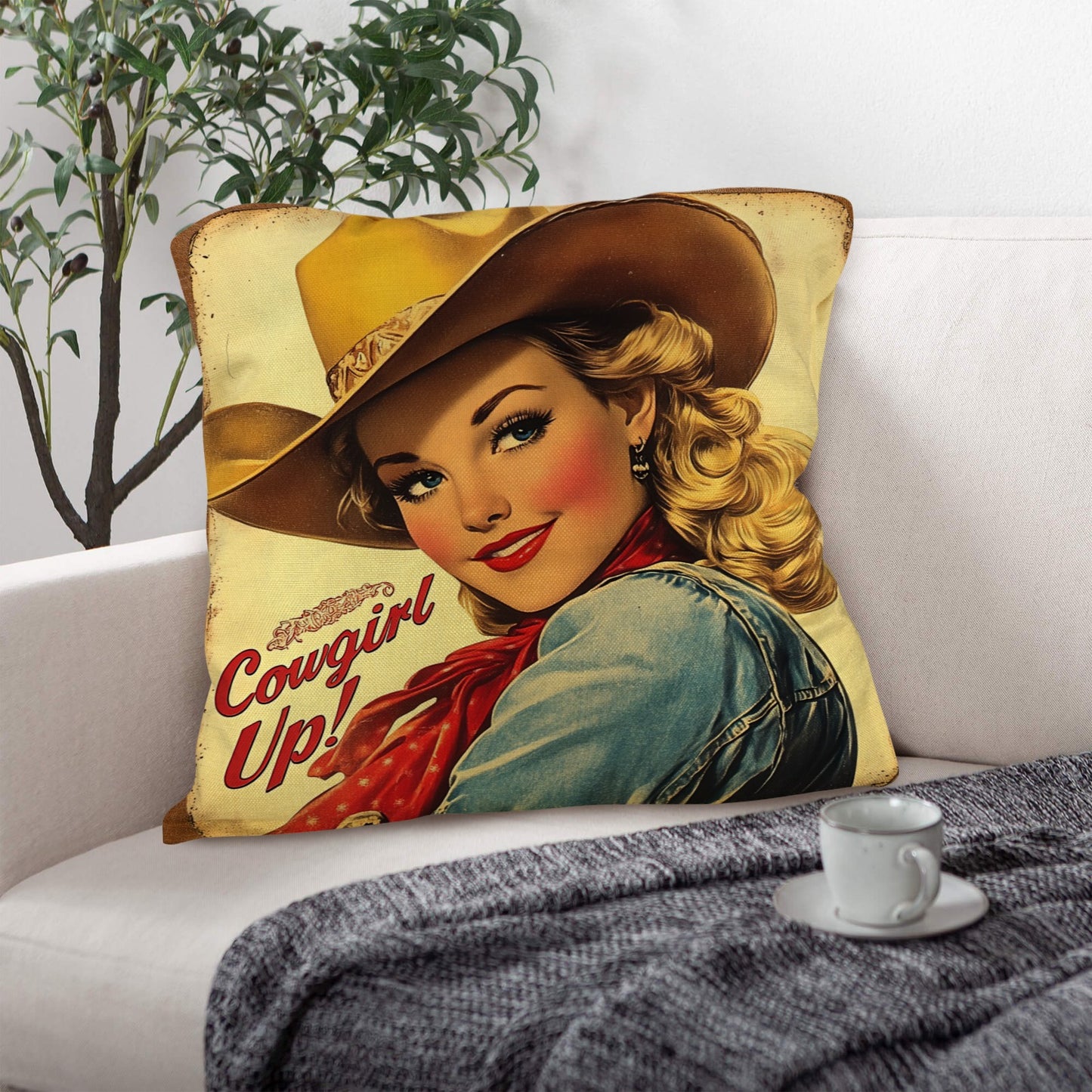 Vintage Cowgirl Up Throw Pillow Case 18 x 18 Made in America