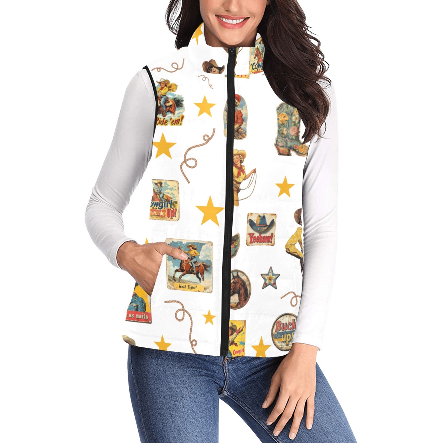 Vintage Cowgirl Collage Puffy Vest