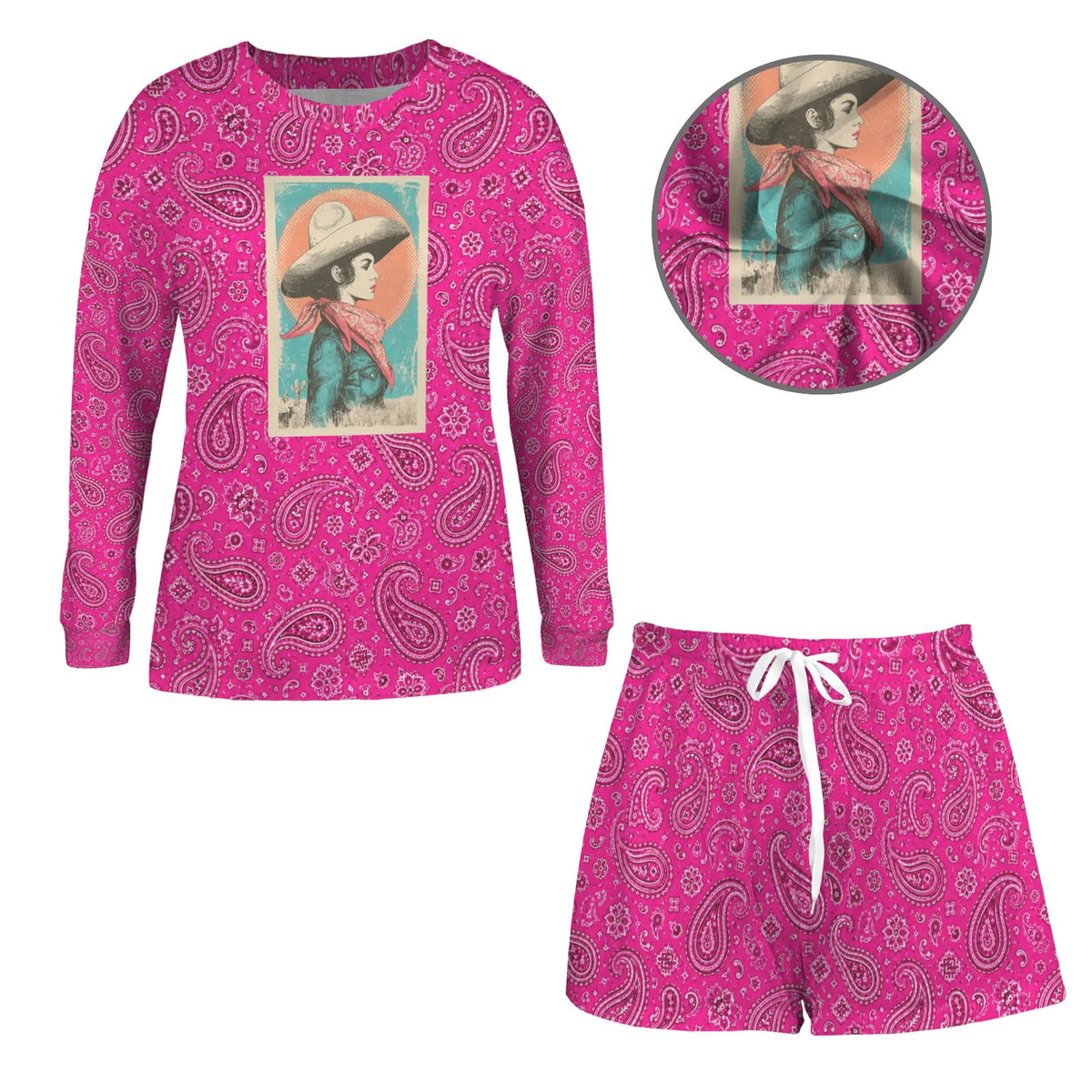 Baha Ranch Ranch Queen Western Long Sleeve Top & Shorts Pajama Lounge Set