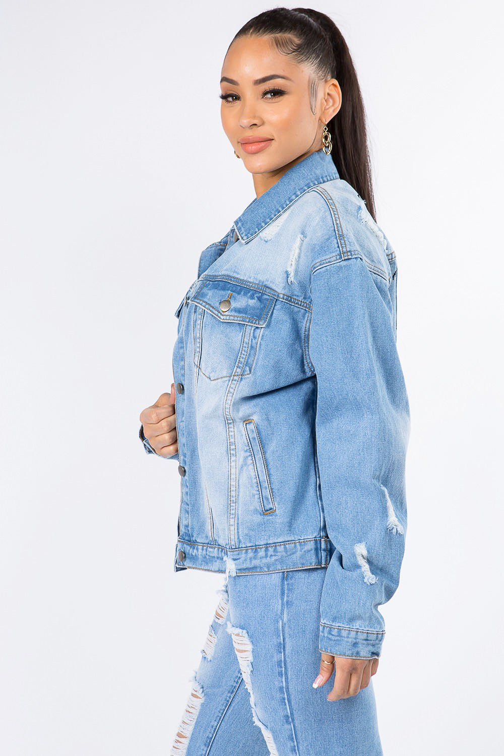 American Bazi Graphic Distressed Long Sleeve Denim Jacket Clearance