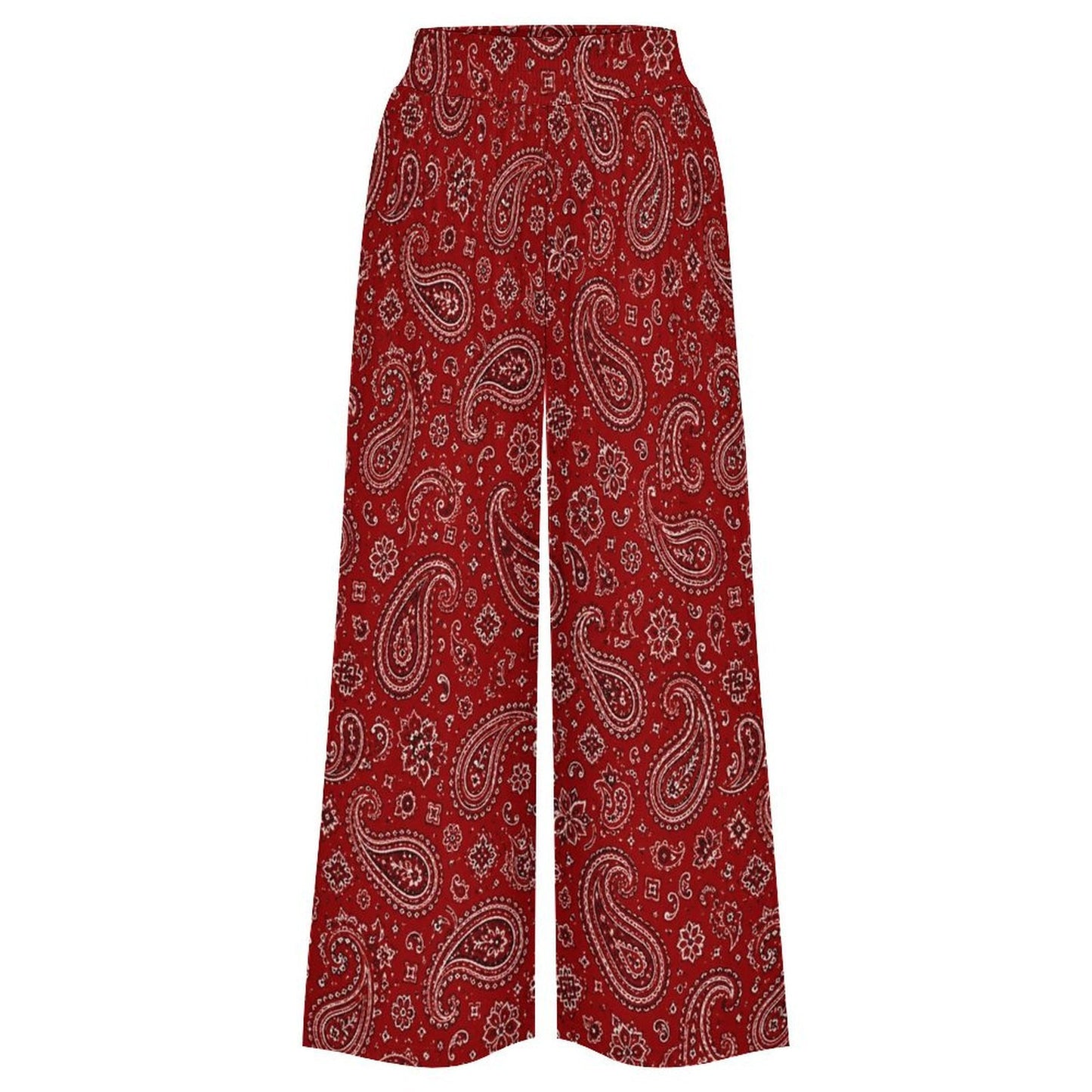 Baha Ranch Red Paisley Bandana Large Print High Waisted Wide Leg Pants