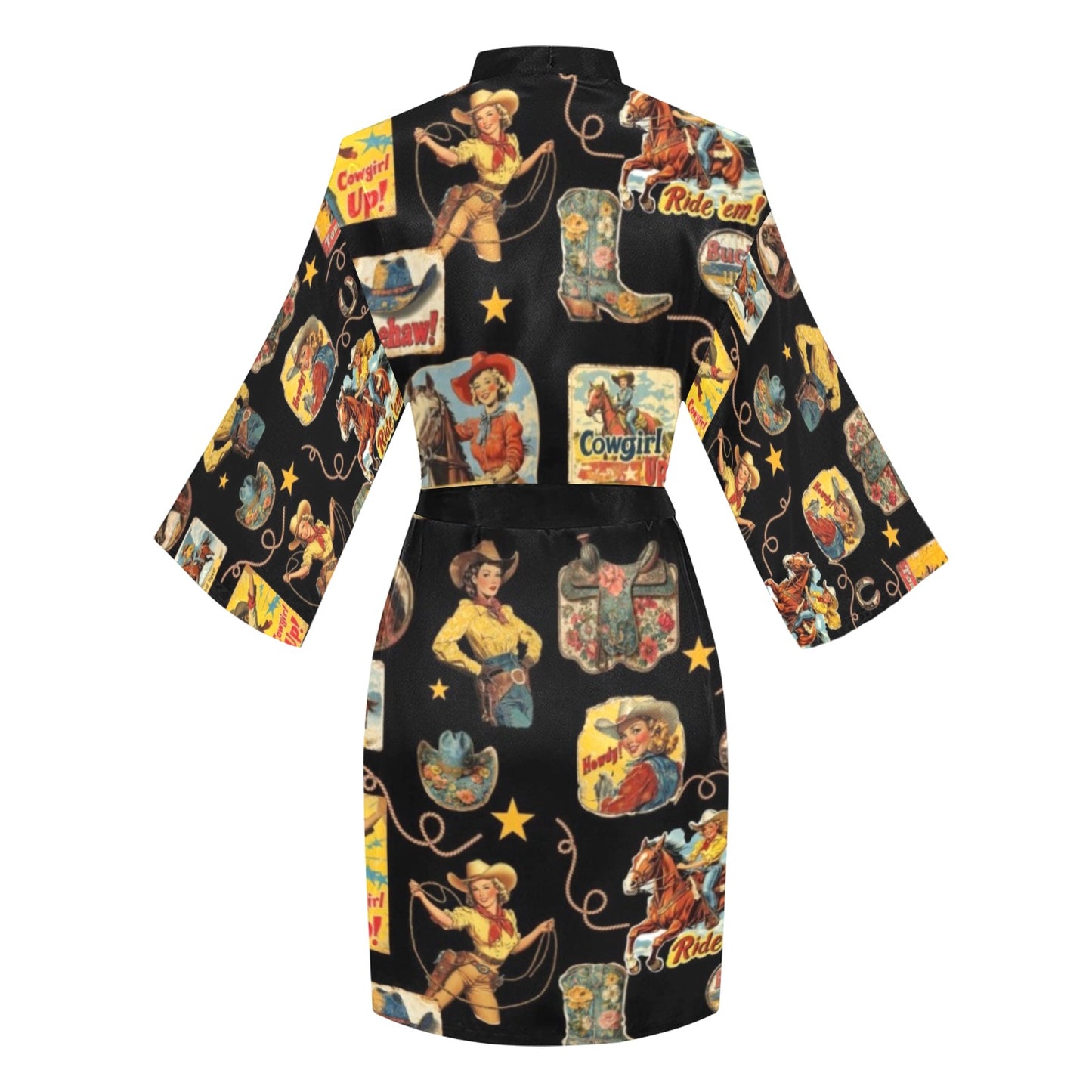 Vintage Cowgirl Collage Satin Kimono Sleeve Robe