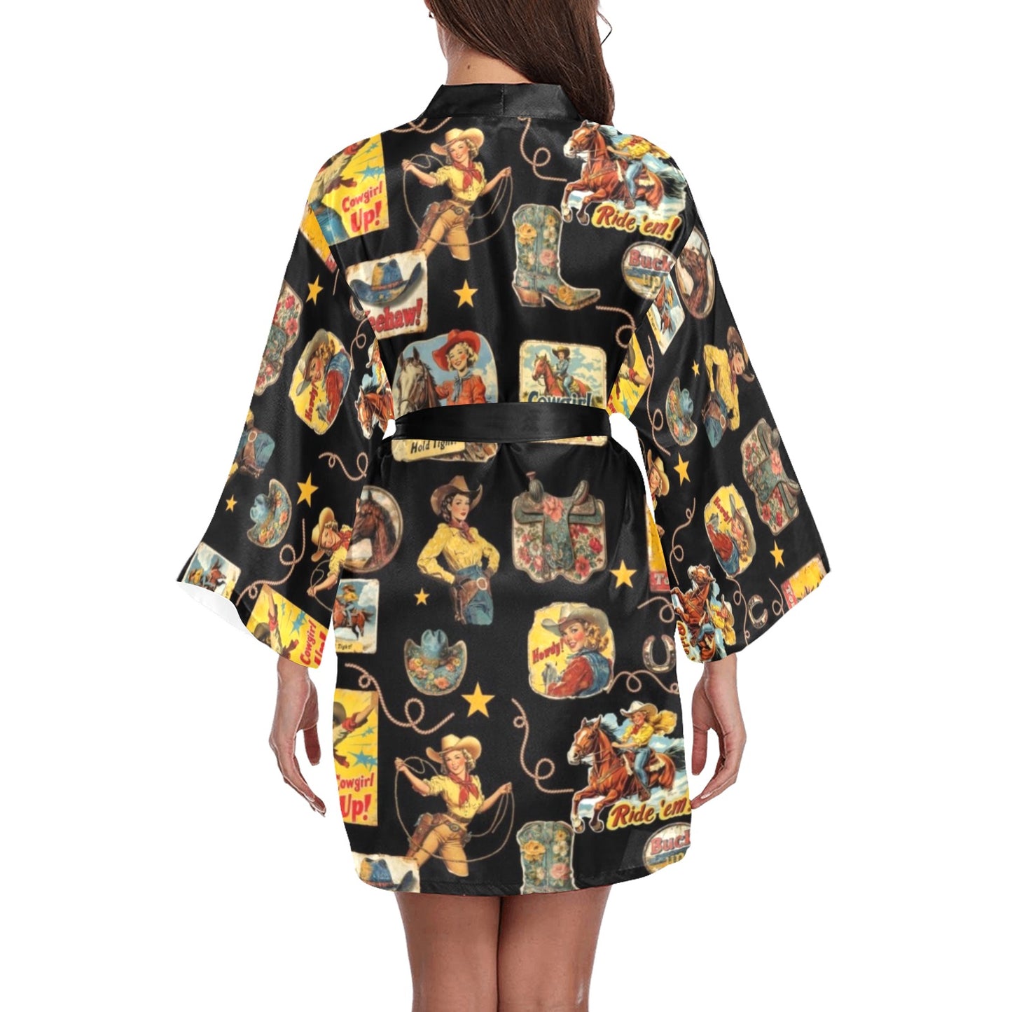 Vintage Cowgirl Collage Satin Kimono Sleeve Robe