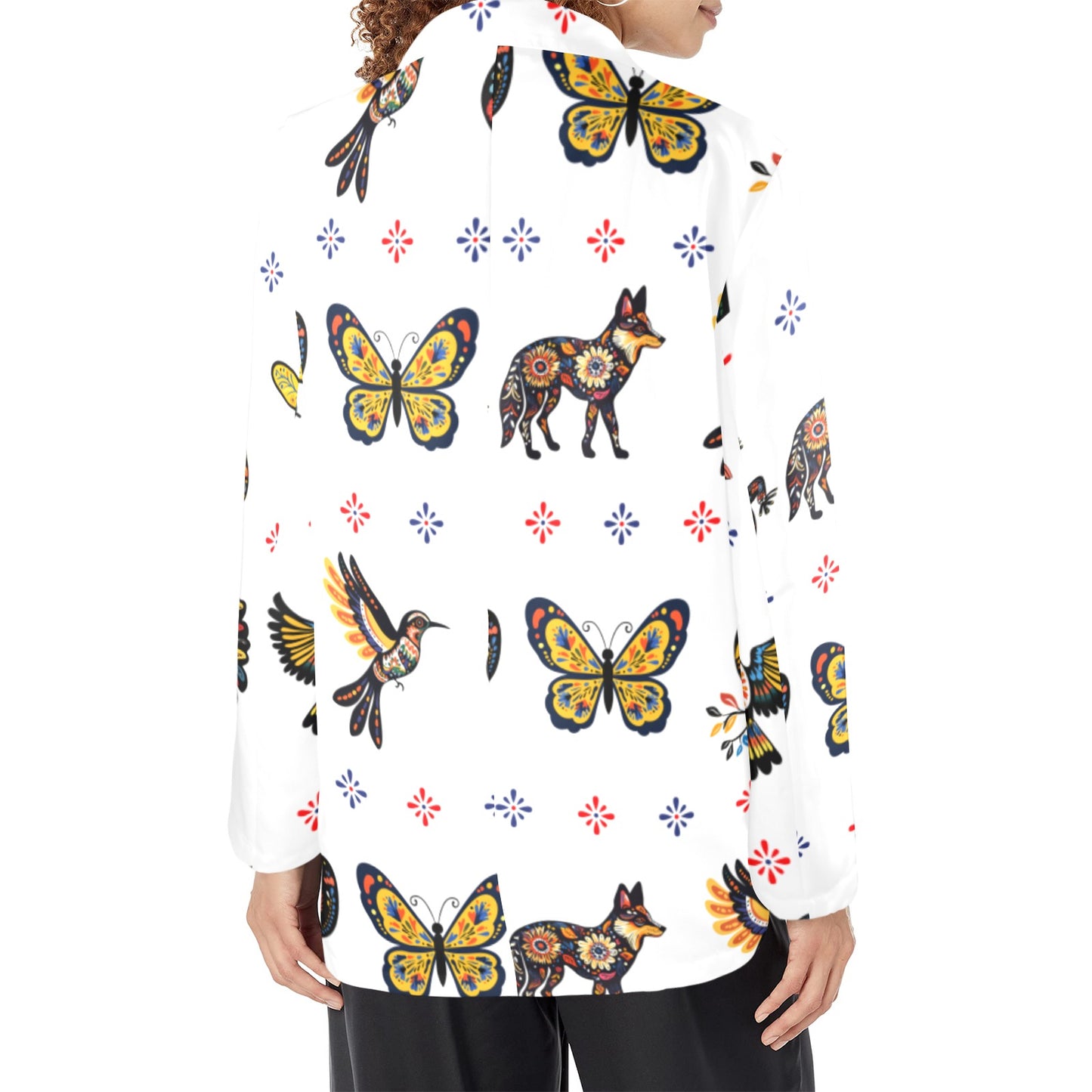 Colores de Mexico Mexican Talavera Floral Animals Blazer in White