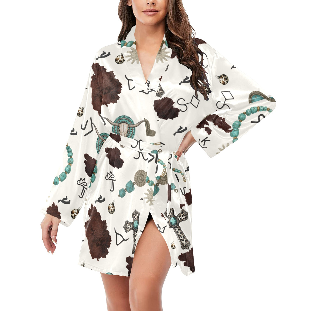 Turquoise & Brands Western Cowgirl Satin Robe Women's Long Sleeve Belted Night Robe(ModelSets 14)