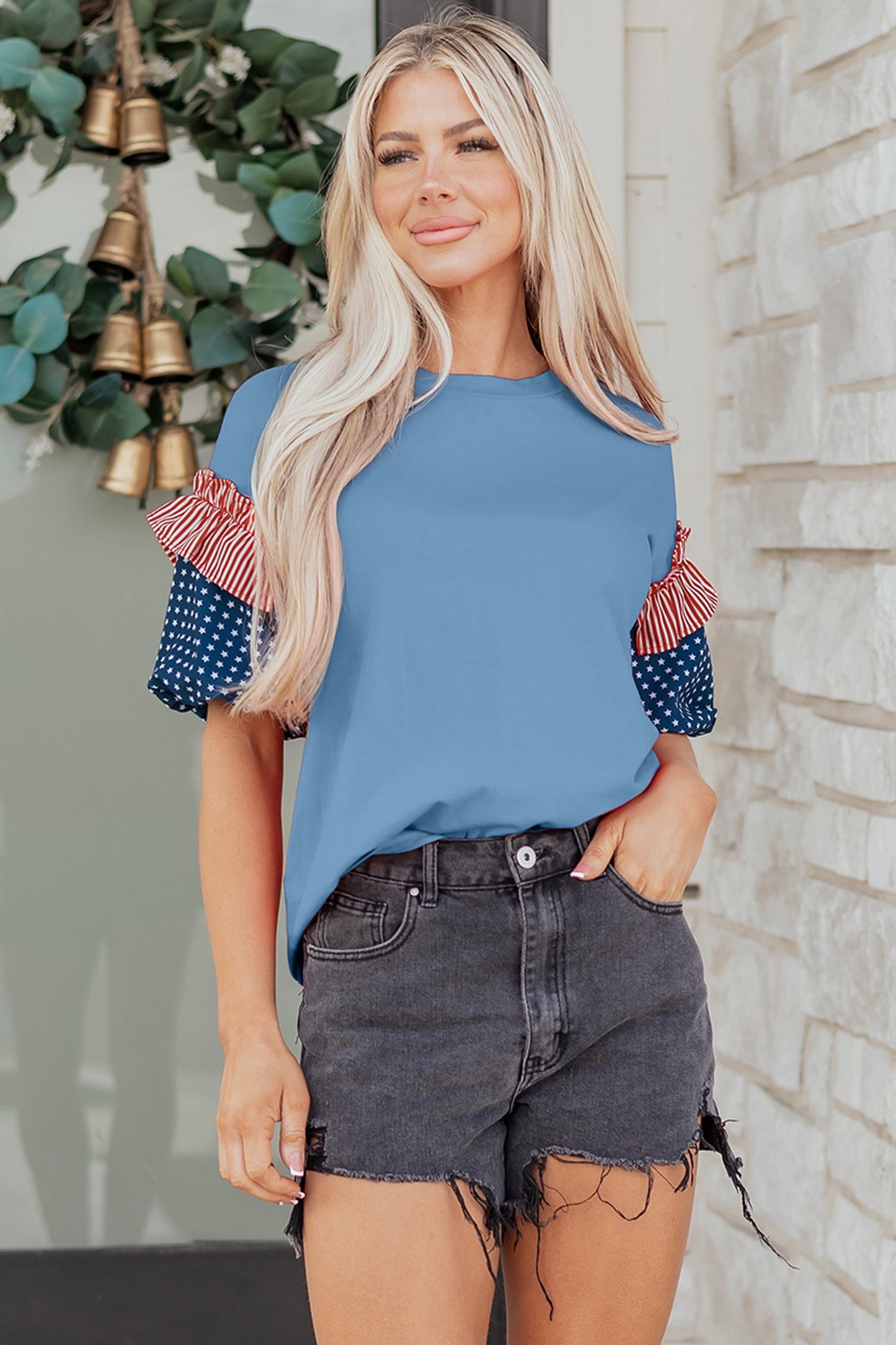 Stars & Stripe Patchwork Short Puff Sleeve Top choice of colors