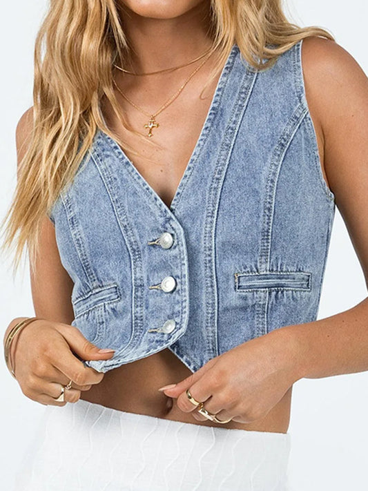 Button Up Sleeveless Denim Vest Top