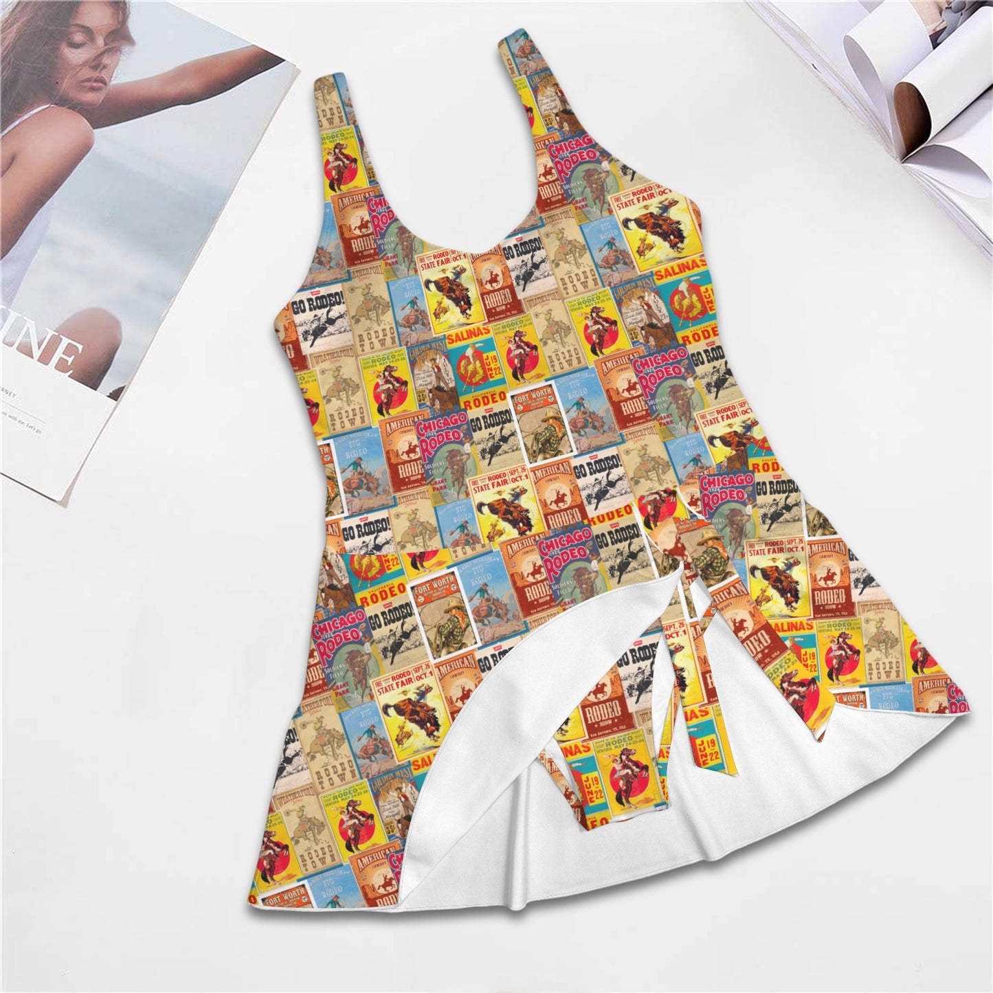 Vintage Rodeo Poster Skirted Swimsuit