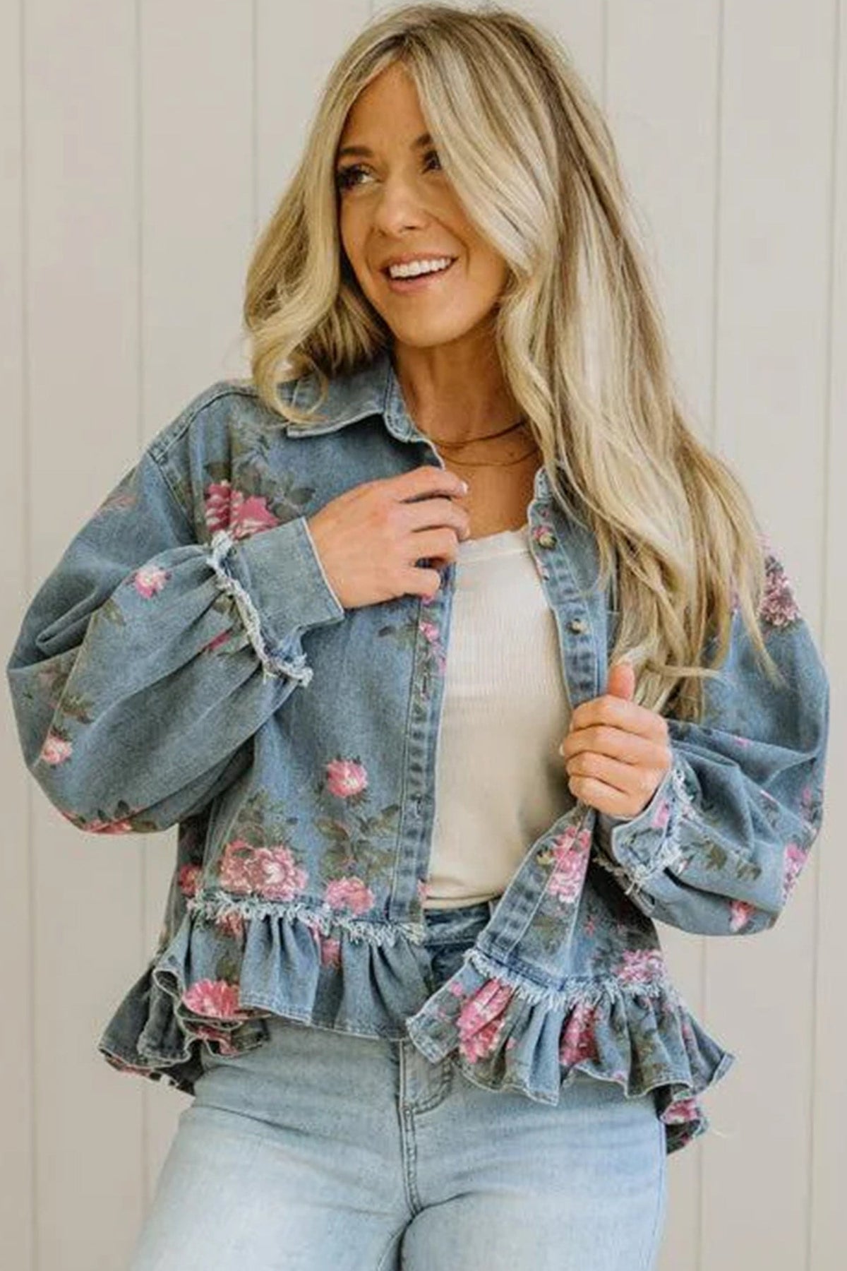 Floral Denim Raw Seam Ruffle Hem Jacket