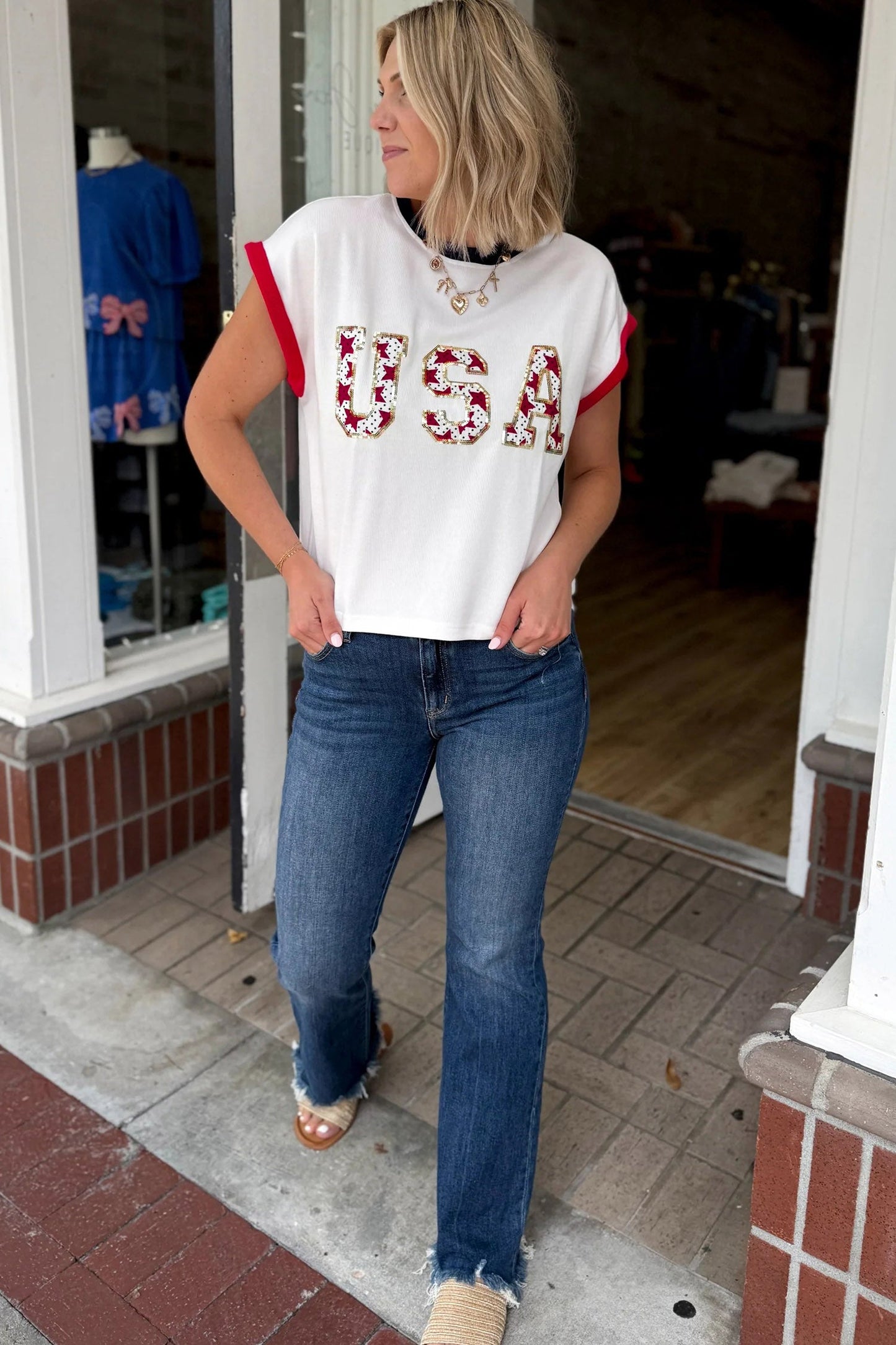 Sequin Star USA Patch Colorblock Trim T-Shirt