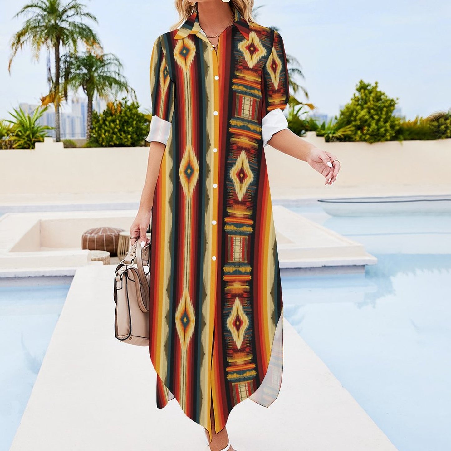 Colores De Mexico Southwestern Aztec Serape Long Sleeve Shirt Dress Duster