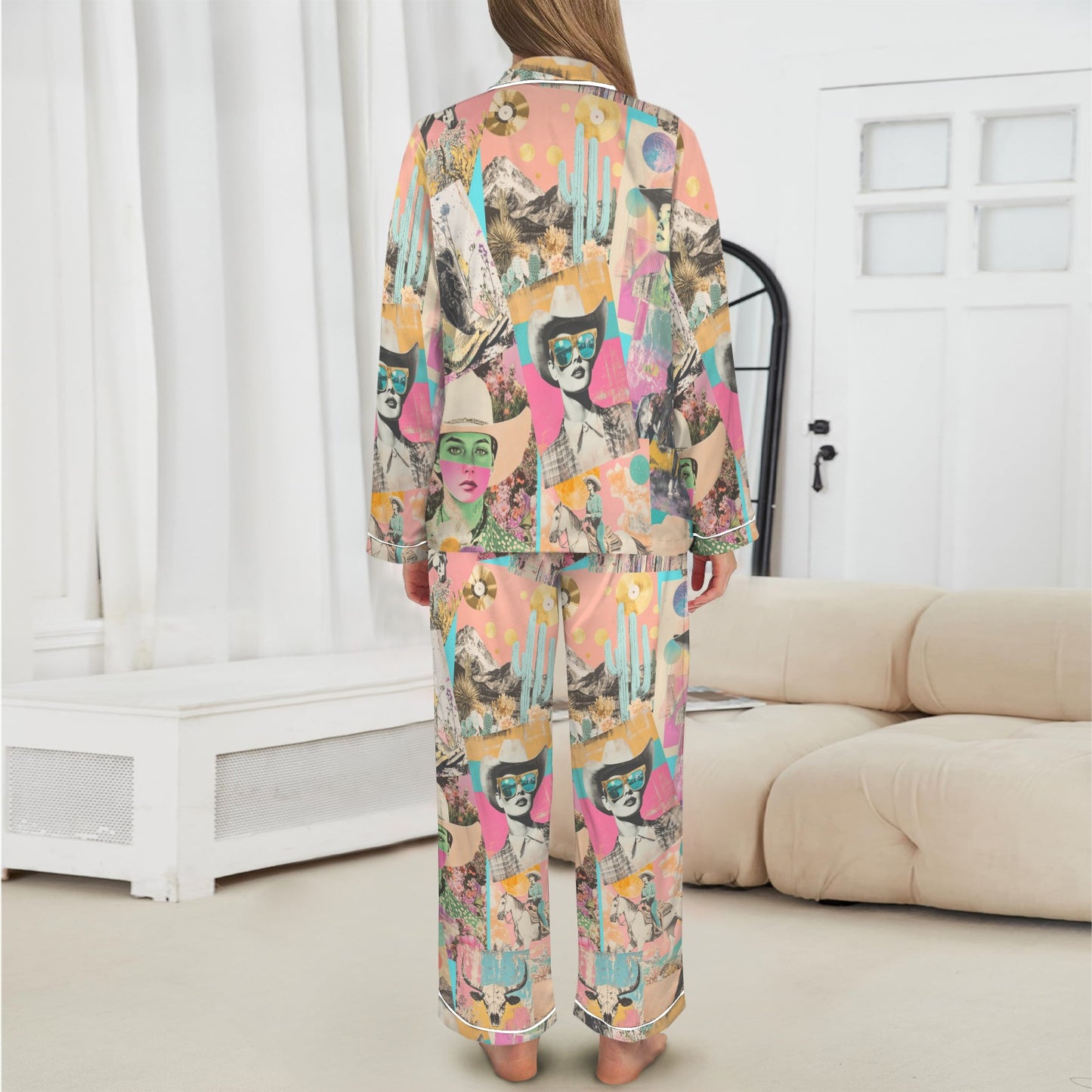 Pop Western Collage Cowgirl Satin Pajamas