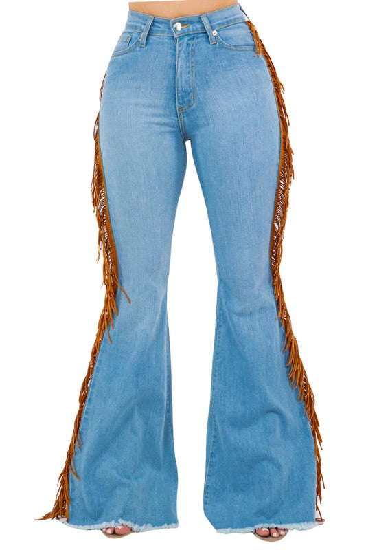 Fringe Bell Bottom In Light Blue  34" inseam