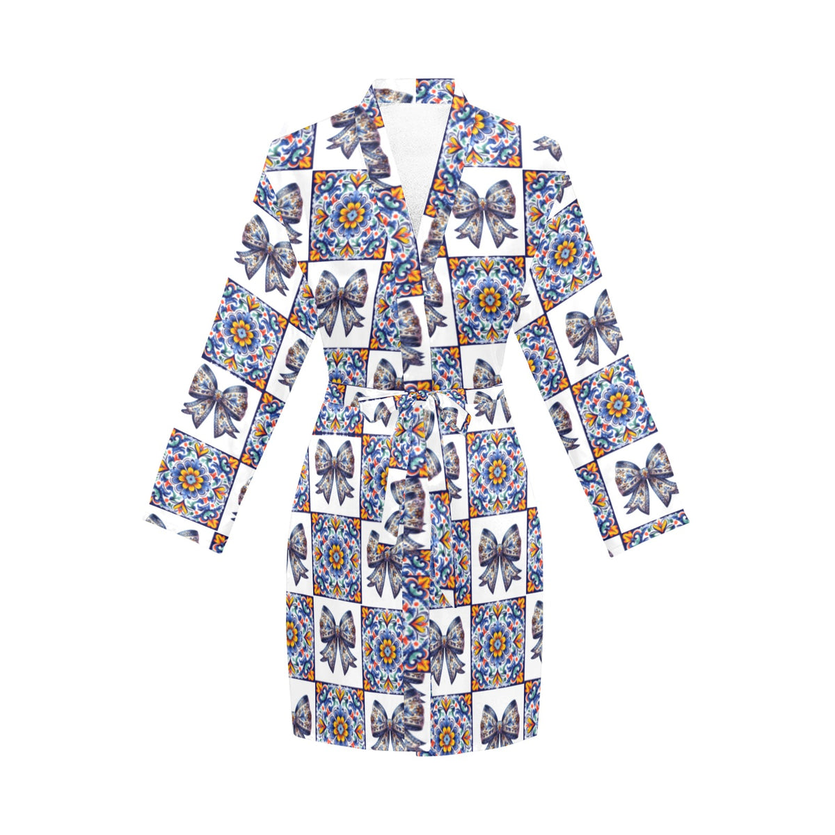 Baha Ranch Colores De Mexico Blue Bow Talavera Collage Satin Robe
