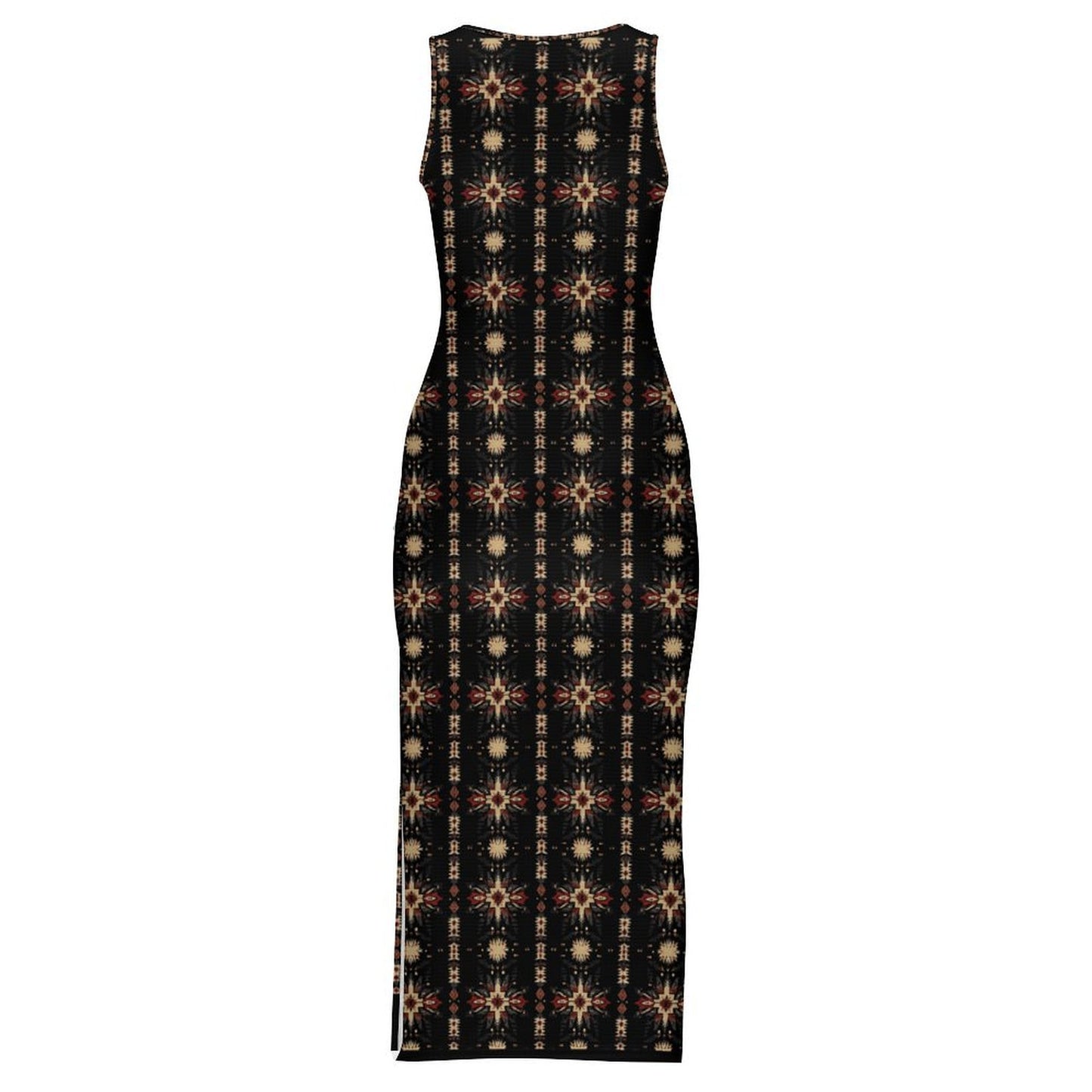 Black and Tan Aztec Sleeveless Bodycon Side Slit Maxi Dress