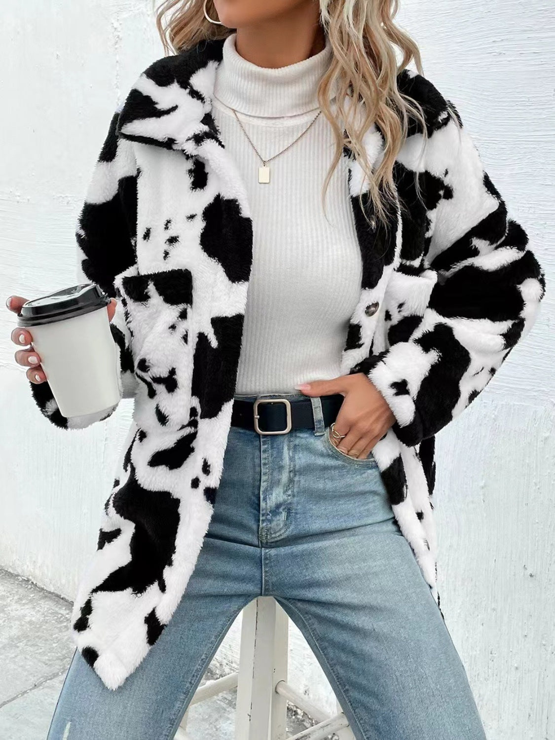 Cow Print Button Up Fuzzy Jacket choice of colors