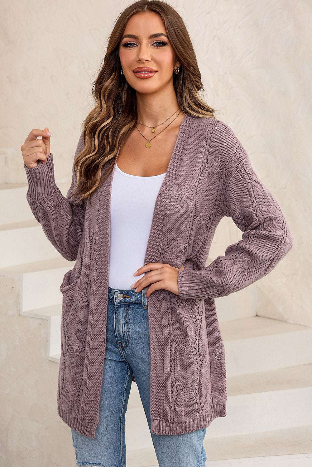 Cable-Knit Dropped Shoulder Slit Cardigan choice of colors