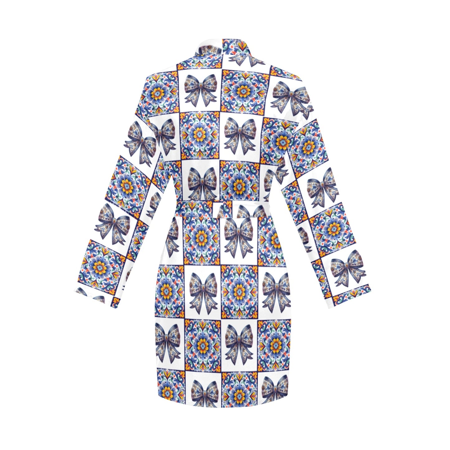 Baha Ranch Colores De Mexico Blue Bow Talavera Collage Satin Robe